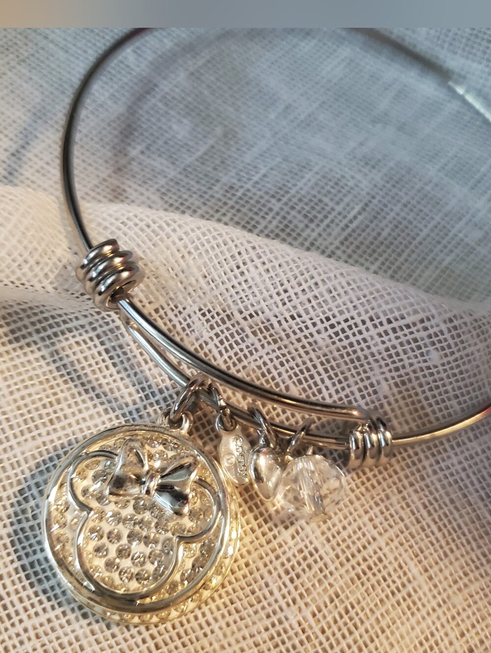 Minnie Mouse Silver-Tone Crystal Pendant Charm Bangle Bracelet